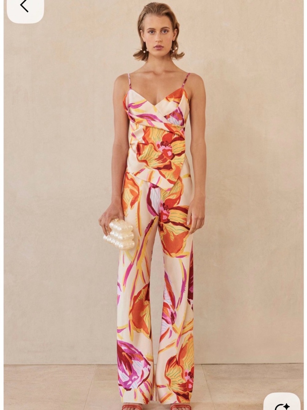 cult gaia floral print textured Satin wide leg pants in Cream, Orange & Pink